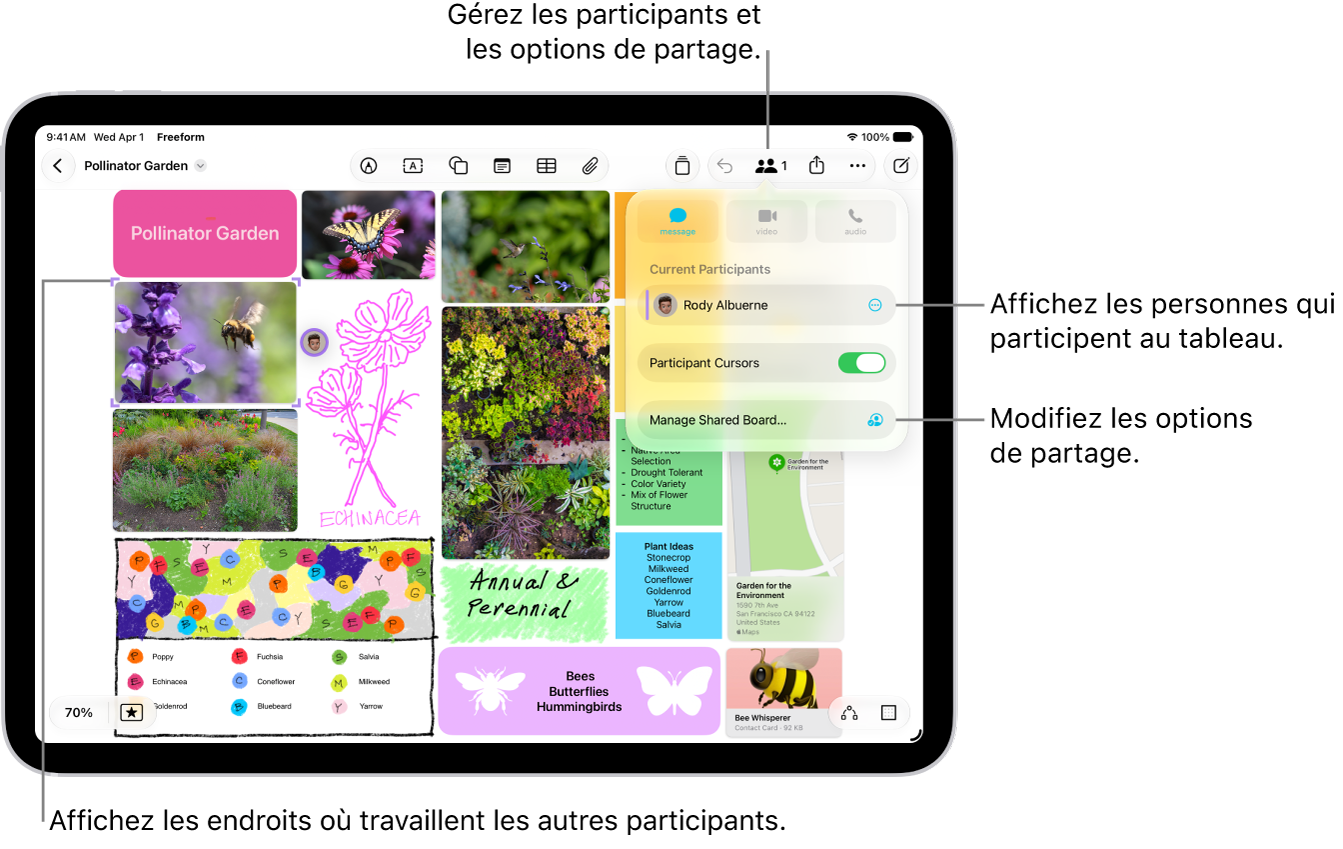 Un tableau Freeform partagé sur l’iPad. Le menu de collaboration est ouvert et l’emplacement d’autres participants sur le tableau est représenté par des coches colorées.