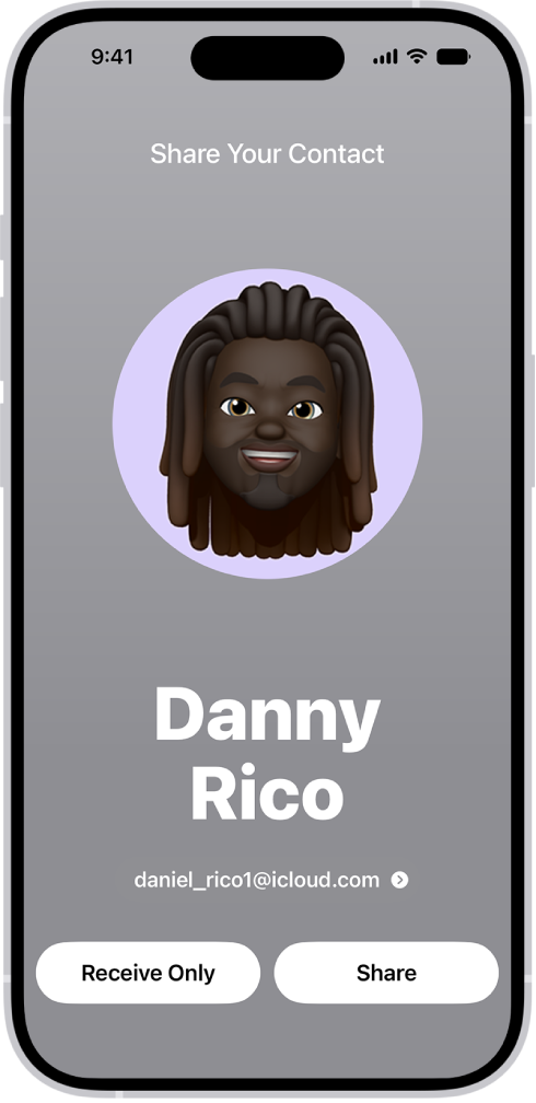 A NameDrop screen showing the user’s name and number. Below it are buttons to Receive Only or Share.