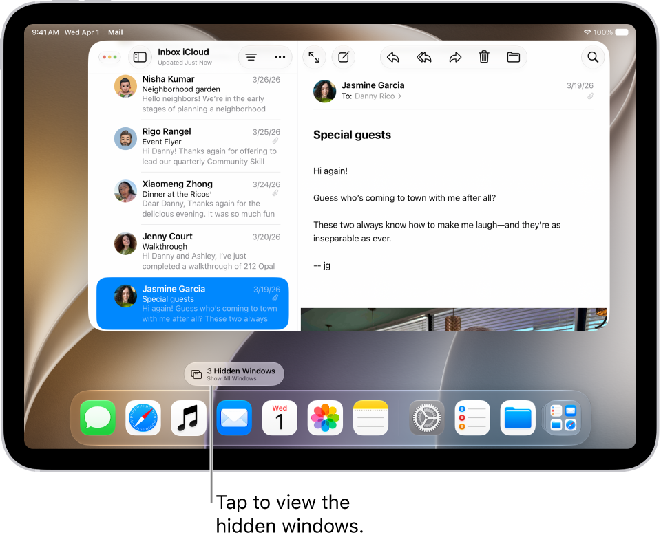 An iPad screen with two apps open and the pill-shaped Show All Windows button, which, when tapped, shows all the open windows in the target app.
