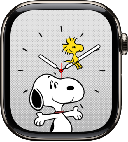 The Snoopy watch face showing Snoopy smiling at a typewriter.