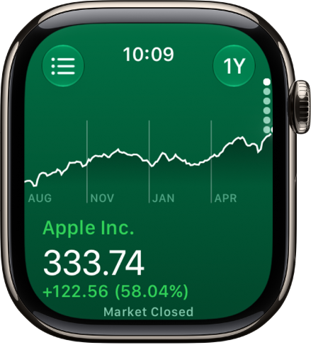 Information about a stock in the Stocks app. A large graph showing the stock’s price over a year appears in the center.