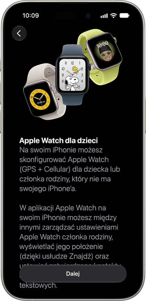 Ekran Skonfiguruj Apple&nbsp;Watch dla dziecka wyświetlający opcję kontynuacji konfiguracji.