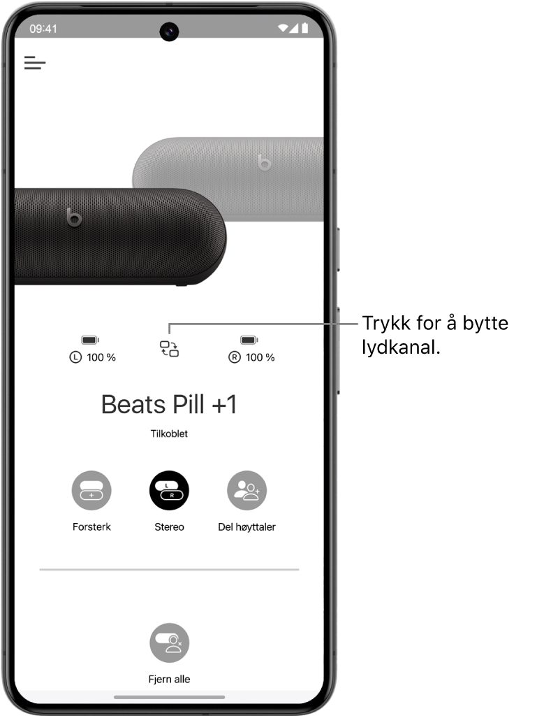 Enhetsskjermen i Beats-appen, med to tilkoblede Beats&nbsp;Pill-høyttalere i en Stereo-gruppe samt knappen for å bytte lydkanaler.