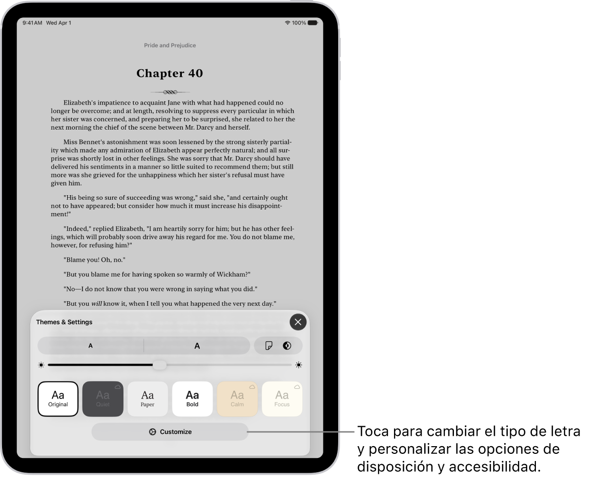 Una página en un libro en la app Libros. Las opciones de temas y configuraciones muestran controles para el tamaño de letra, la visualización de desplazamiento, el estilo de pasar páginas, el brillo y los estilos de tipo de letra.