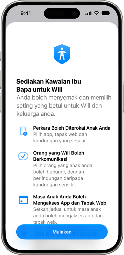 Skrin sediakan kawalan ibu bapa dengan pilihan untuk bermula.