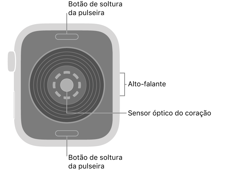 A parte traseira do Apple&nbsp;Watch&nbsp;SE&nbsp;3 com os botões para soltar a pulseira na parte superior e inferior, o sensor óptico cardíaco no meio e alto-falante na lateral.