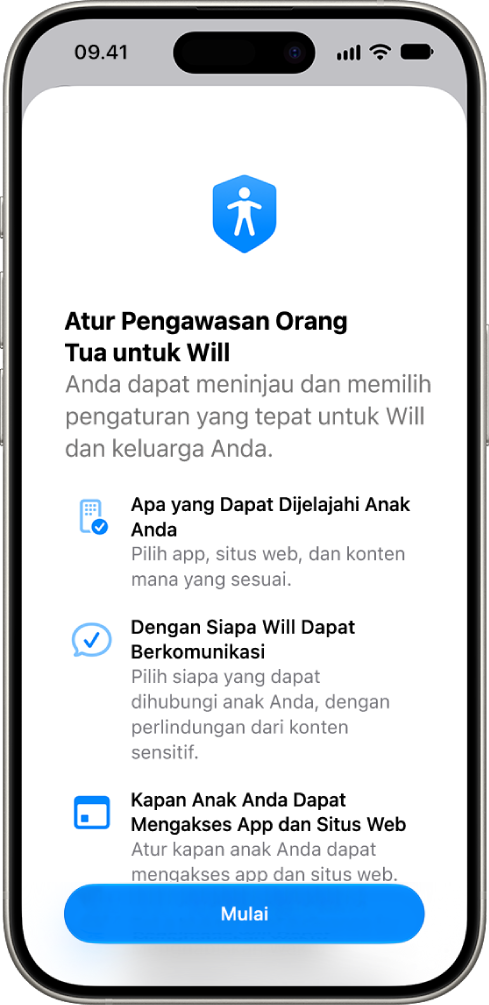 Layar pengaturan pengawasan orang tua dengan pilihan untuk memulai.
