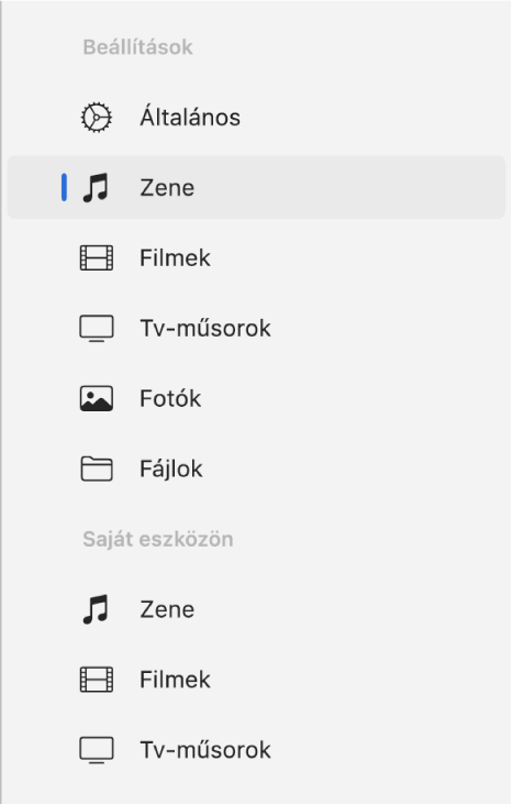 Az oldalsáv a kijelölt Zene elemmel.