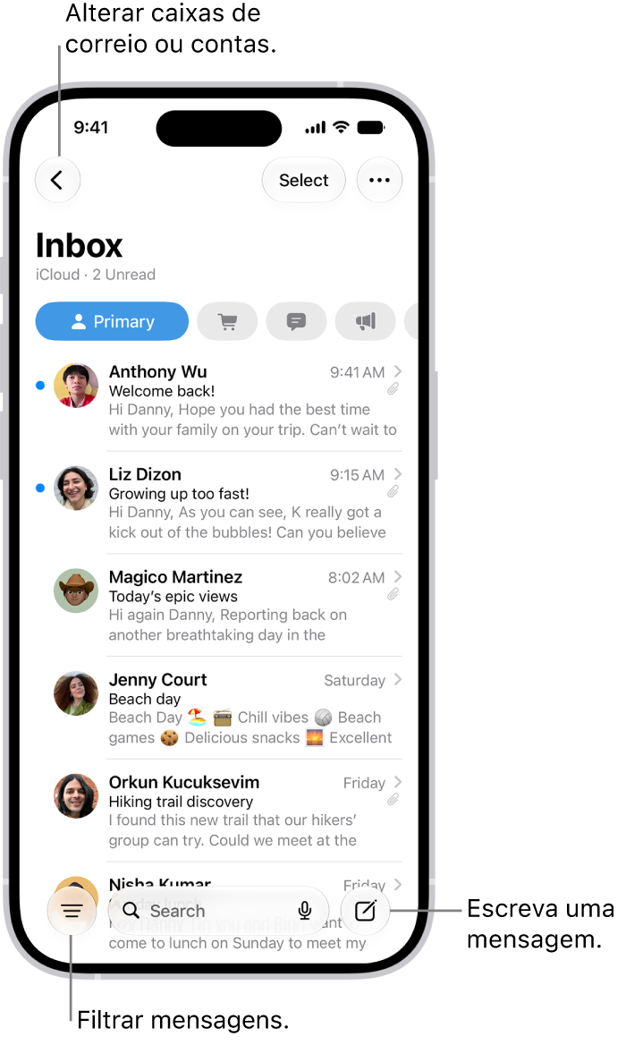 A caixa de entrada da aplicação Mail, com uma lista de e-mails.