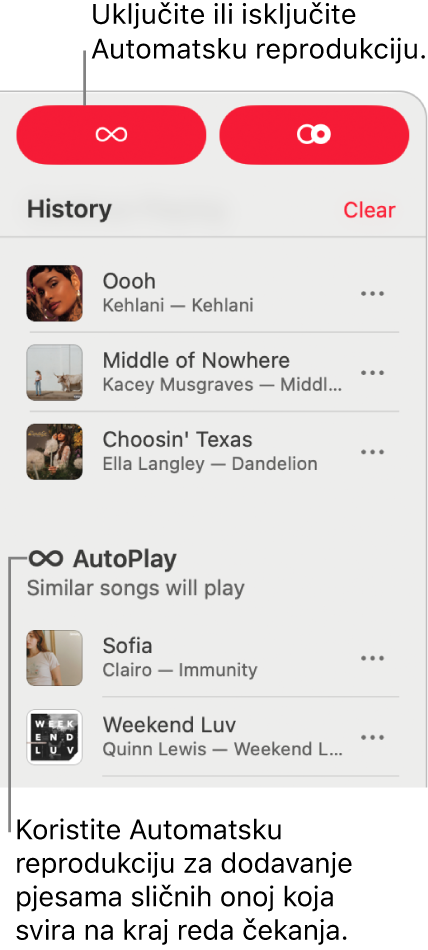 Povijest je vidljiva u gornjem desnom kutu aplikacije Apple&nbsp;Music. Odjeljak Automatska reprodukcija također se prikazuje.