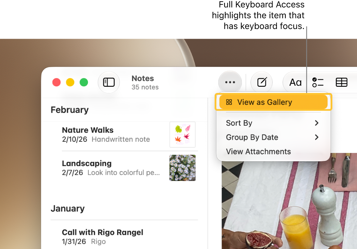 The Notes app is open with the Markup toolbar shown. Full Keyboard Access has outlined the tool that has focus.