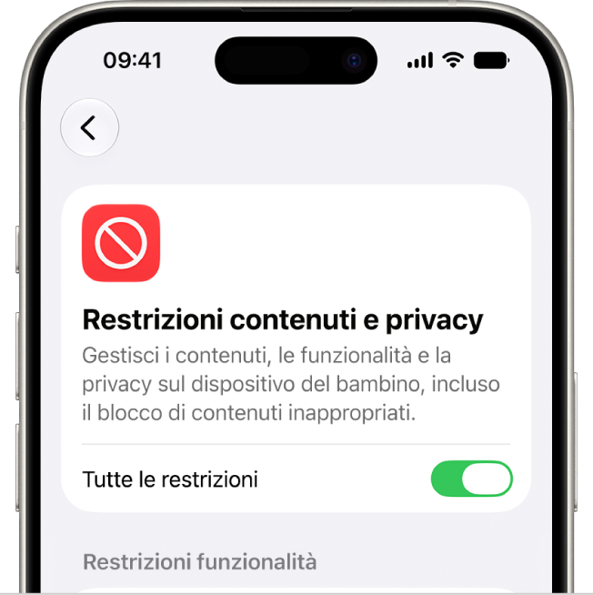 Schermata “Restrizioni contenuti e privacy”.