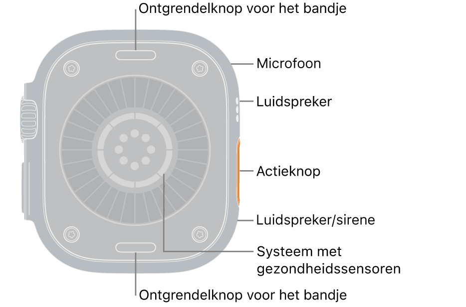 De achterkant van de Apple&nbsp;Watch&nbsp;Ultra&nbsp;4, met aan de boven- en onderkant de ontgrendelknoppen van het bandje. Aan de zijkant bevinden zich een microfoon, een luidspreker, het systeem met gezondheidssensoren, de actieknop en een luidsprekerpoort waaruit het geluid de sirene komt.