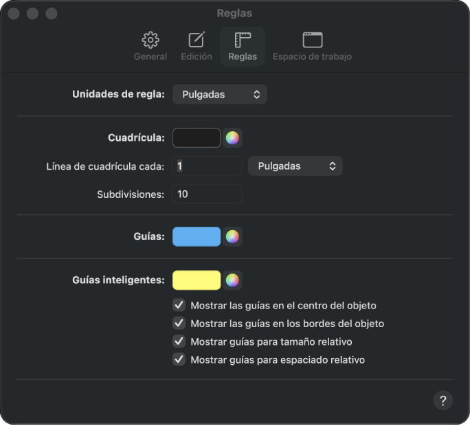 El panel de ajustes Reglas.