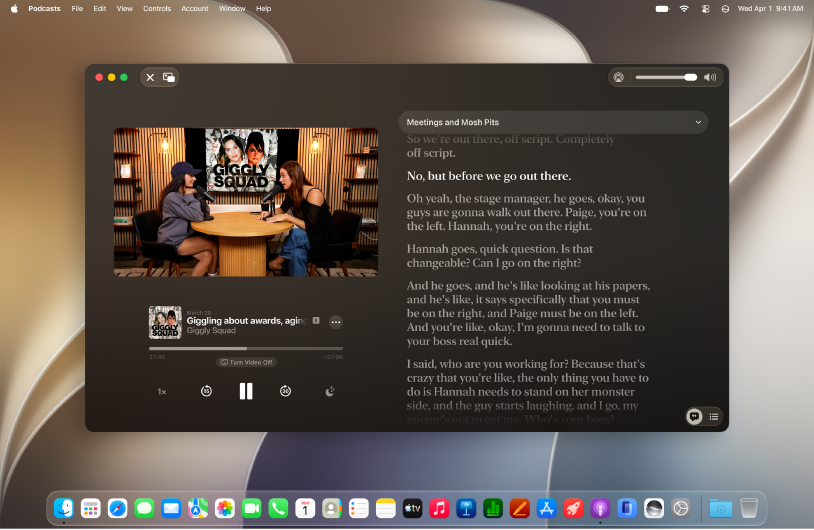 A video podcast in the Podcasts app on a Mac, showing the Now Playing screen. At the top of the Podcasts window are the close window, minimize window, and full-screen buttons. Next to those are the buttons to close Now Playing and to show picture-in-picture. At the bottom left are the playback speed, rewind, pause/play, fast forward, and sleep timer buttons. At the right is a transcript.