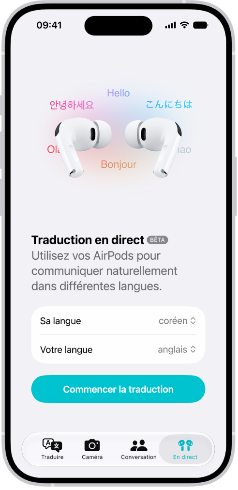 L’app Traduire sur l’iPhone affichant l’écran Traduction en direct. L’écran affiche deux menus locaux pour la sélection de la langue de l’autre personne et de votre langue, et un bouton pour démarrer la traduction en direct.