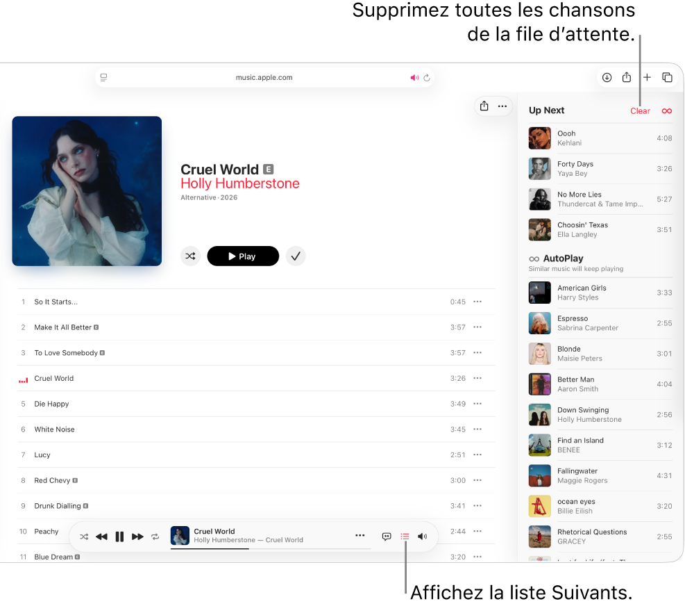 Une chanson est en cours de lecture dans Apple&nbsp;Music. Le bouton Suivants dans le coin supérieur droit de la fenêtre est sélectionné, et la liste d’écoute est visible.