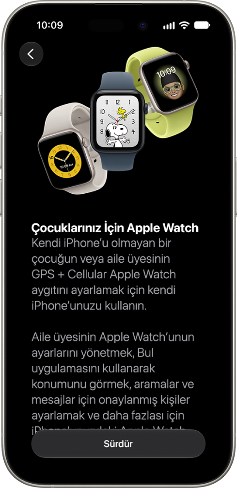 Çocuğunuz için Apple Watch’u ayarlama ekranı, ayarları sürdürme seçeneğini gösteriyor.