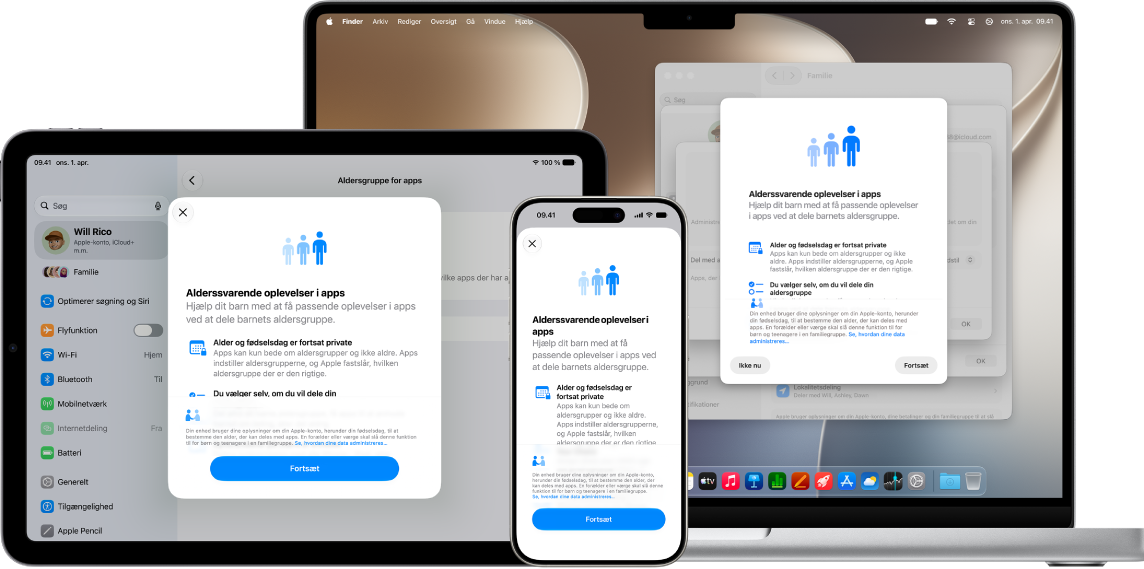 Skærmene til indstilling af Del aldersgrupper for apps på iPhone, iPad og Mac.