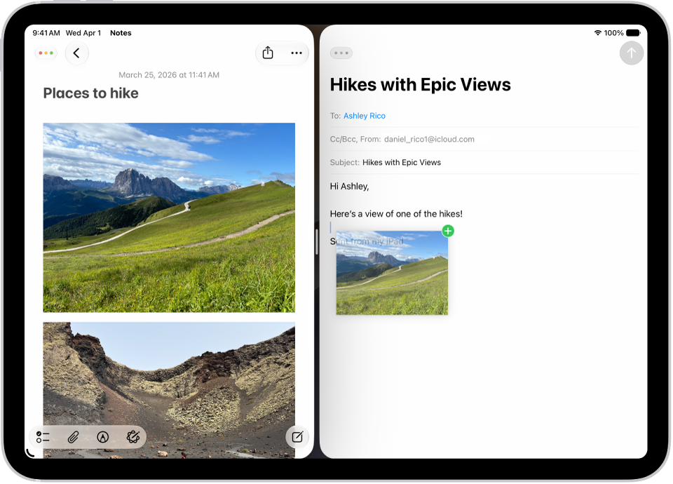 Working in multiple apps, which are open side-by-side at the same time. Notes is open on the left and an email is open on the right. A photograph from Notes is dragged into the email.