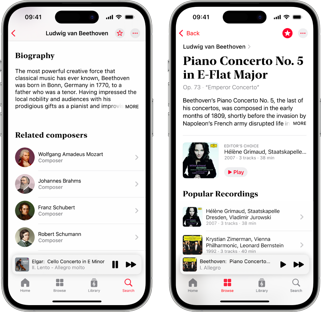 Two iPhone devices showing various information about classical music. The first one shows a composer biography at the top of the screen. The second one shows a work description just below the work name.