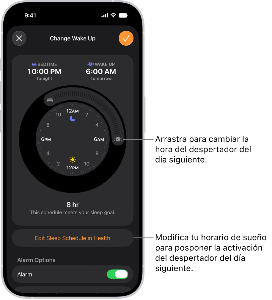 Una pantalla para cambiar el siguiente despertador: la posición del botón Alarma sonando establece la hora de la alarma.