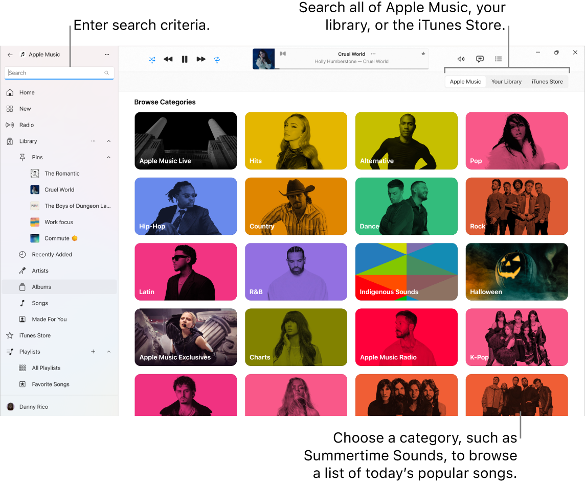 The Apple Music window showing the search field in the top-left corner, the list of categories in the center of the window, and Apple Music, Your Library, and iTunes Store buttons in the top-right corner.
