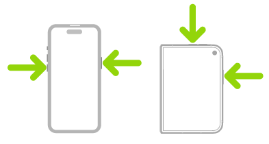 An illustration of iPhone with arrows pointing to the side button on the upper right and a volume button on the upper left.
