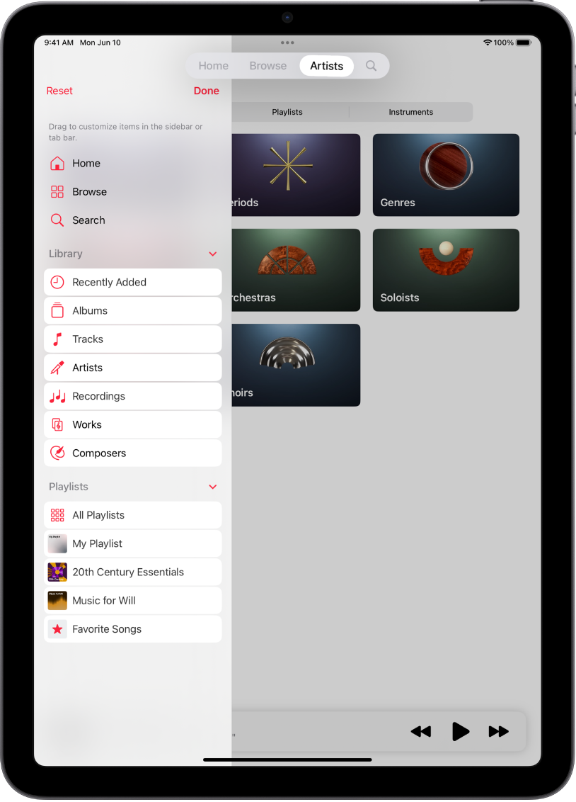 iPad in portrait orientation, showing options to edit the sidebar at the left and the tab bar at the top of the screen.
