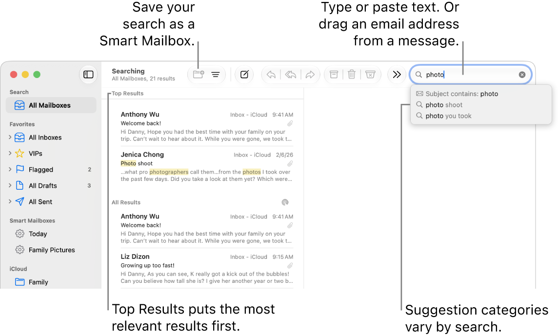 The mailbox being searched is highlighted in the sidebar. You can type or paste text into the search field, or drag an email address from a message. As you type, suggestions appear below the search field. They are organised into categories, such as Subject or Attachments, depending on your search text. Top Hits puts the most relevant results first.