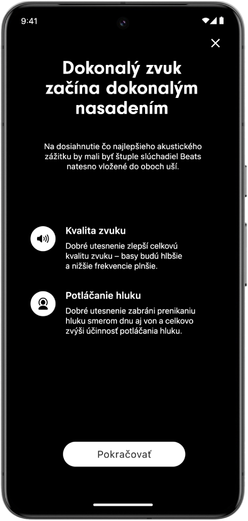Obrazovka zariadenia s&nbsp;Androidom zobrazujúca test správneho nasadenia koncoviek.