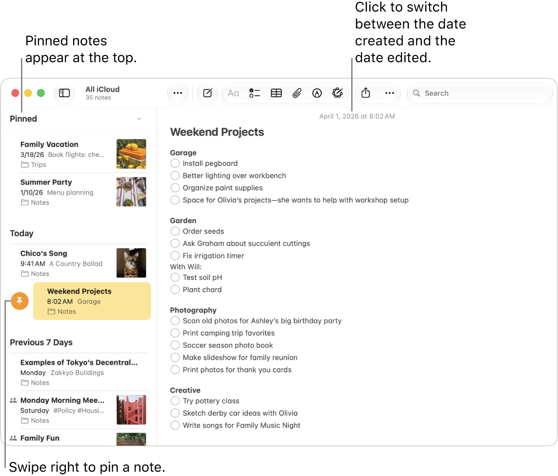 A Notes app window on Mac with the list of notes at the left, pinned notes at the top of the notes list, and the Pin button on one note. The content of that note appears on the right with the date at the top; click the date to switch between the date created and the date edited.
