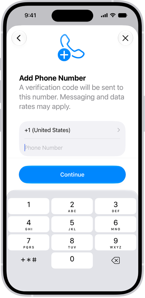 The Add Phone Number screen in Settings.