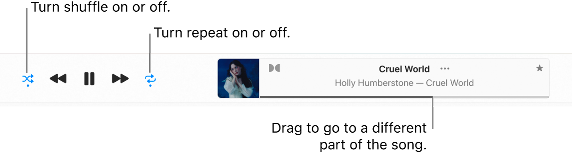 The playback window with a song playing. The Shuffle button is in the top-left corner; the Repeat button is to the left of the album art. The scrubber is below the name of the song, on the right side of the window.