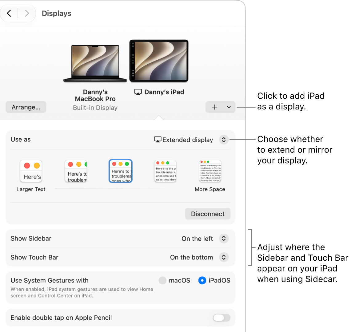 The Displays settings pane on Mac showing options for setting up Sidecar.