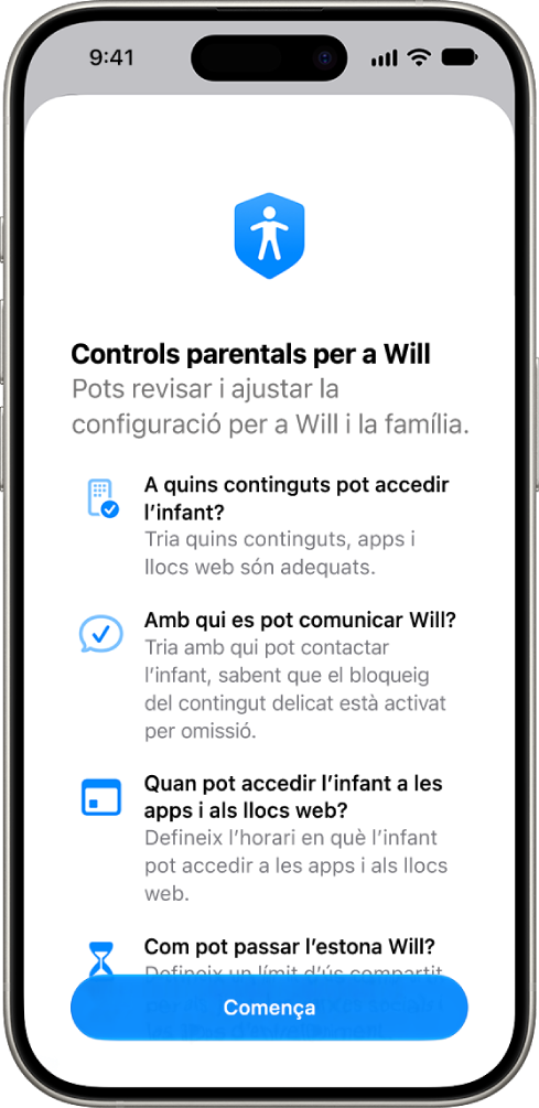 La pantalla de configuració dels controls parentals amb opcions per començar.
