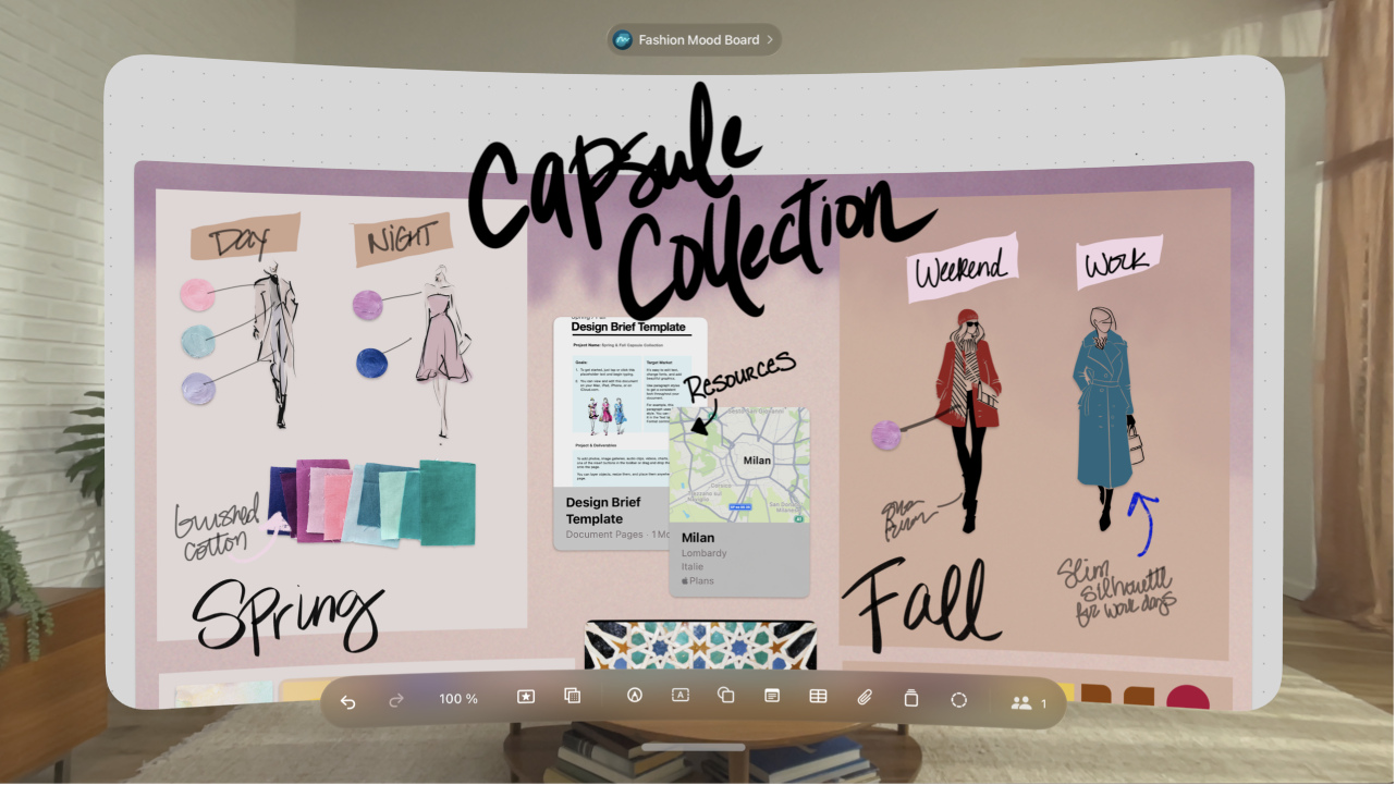 L’app Freeform sur l’Apple&nbsp;Vision&nbsp;Pro, présentant un tableau ouvert avec la barre d’outils en bas.