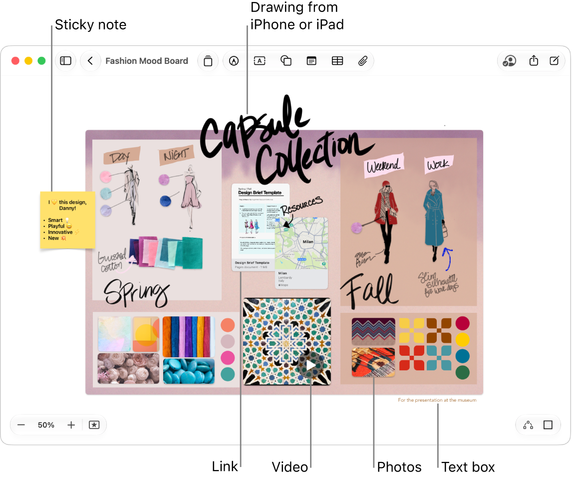 A Freeform board with various items, such as a drawing from an iPhone or iPad, a sticky note, a link, a text box, a video, and several photos.