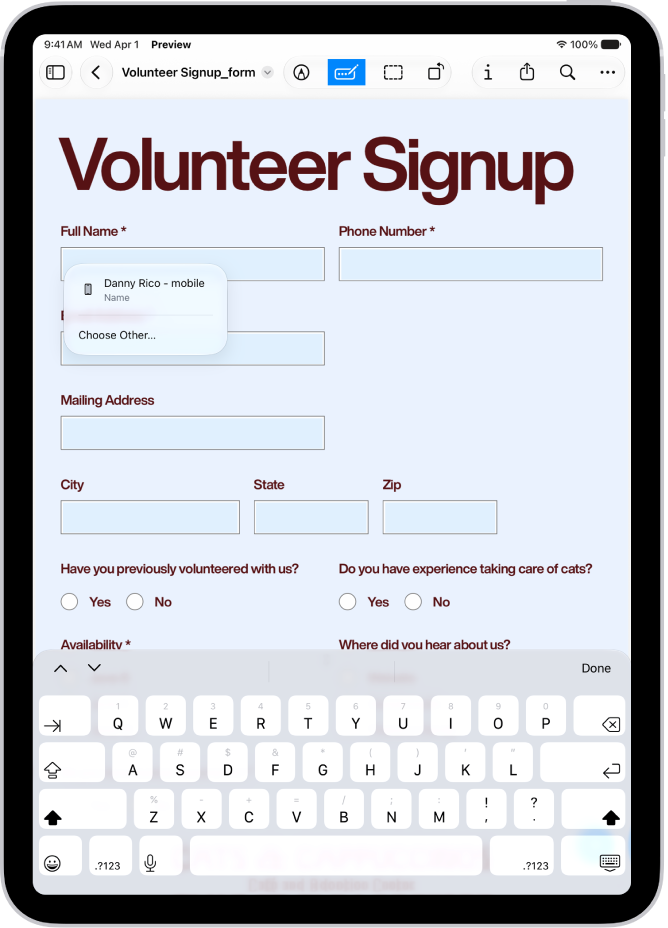 A screen showing a PDF form in the Preview app with fillable fields highlighted. At the bottom of the screen are the Add Annotation, Markup, AutoFill, Crop, Info, Share, and Search buttons. The AutoFill button is selected.