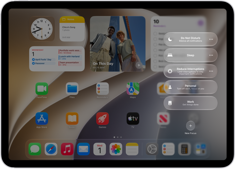 Control Center showing the Focus options, with buttons for setting the duration of the Focus options.