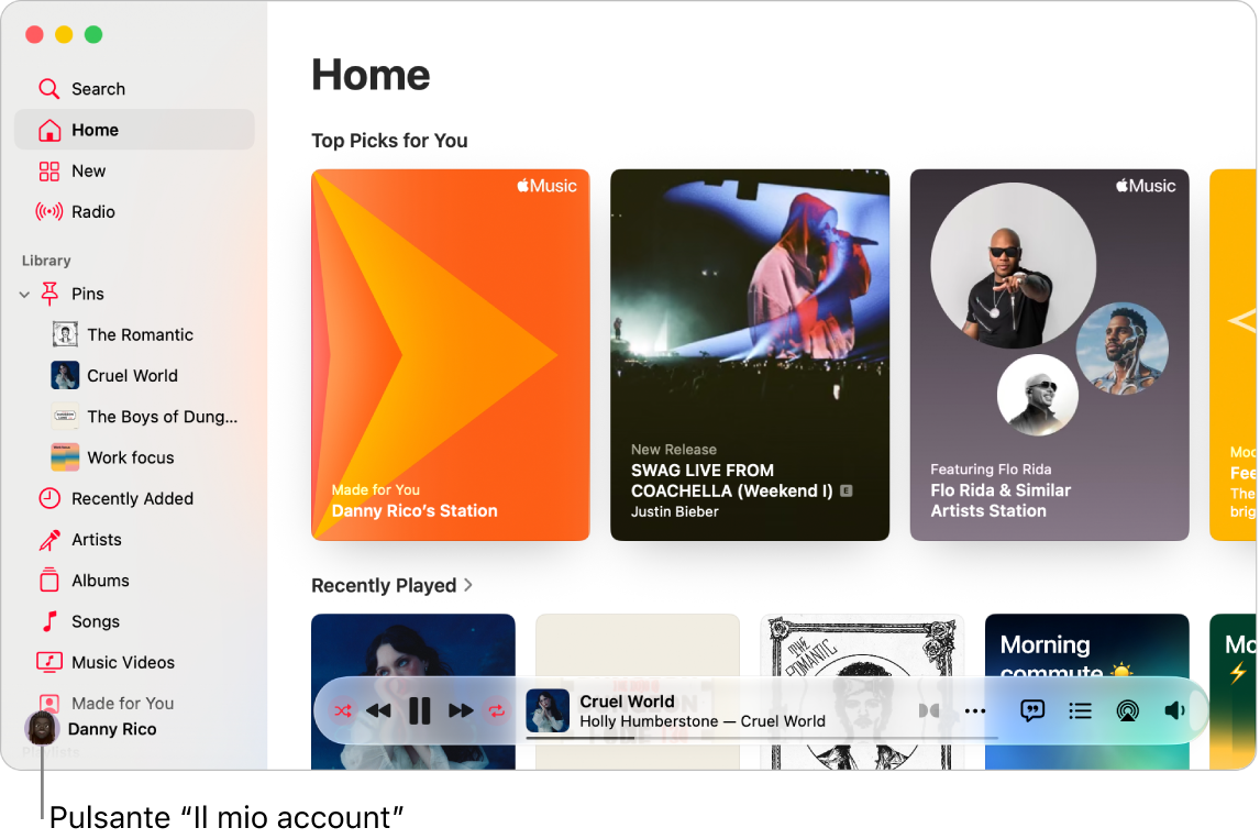 La finestra di Apple Music con la schermata Home. Il pulsante del tuo account (una foto o un monogramma) si trova nell’angolo superiore destro della finestra.