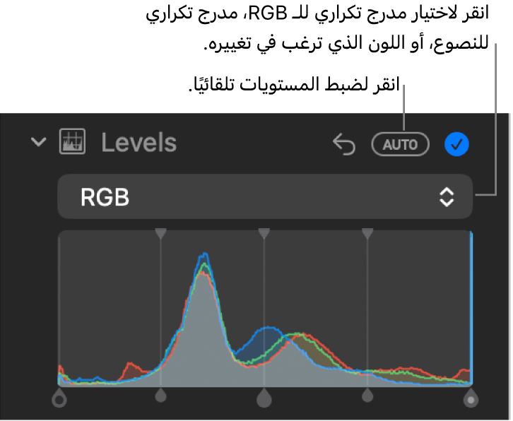 عناصر تحكم المستويات في الجزء ضبط، ويظهر الزر تلقائي في الزاوية العلوية اليسرى ومدرج RGB التكراري أدناه.