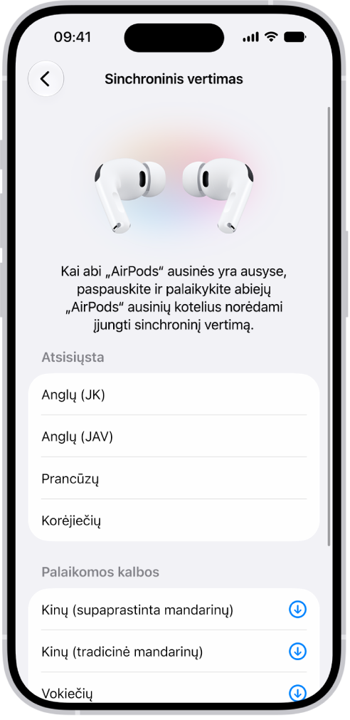 „AirPods“ vertimo nustatymų ekranas „Kalbos“, kuriame rodomas atsisiųstų ir palaikomų kalbų sąrašas.