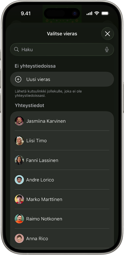 Lähetä kutsu ‑näyttö ja luettelo yhteystiedoista iPhonessa.