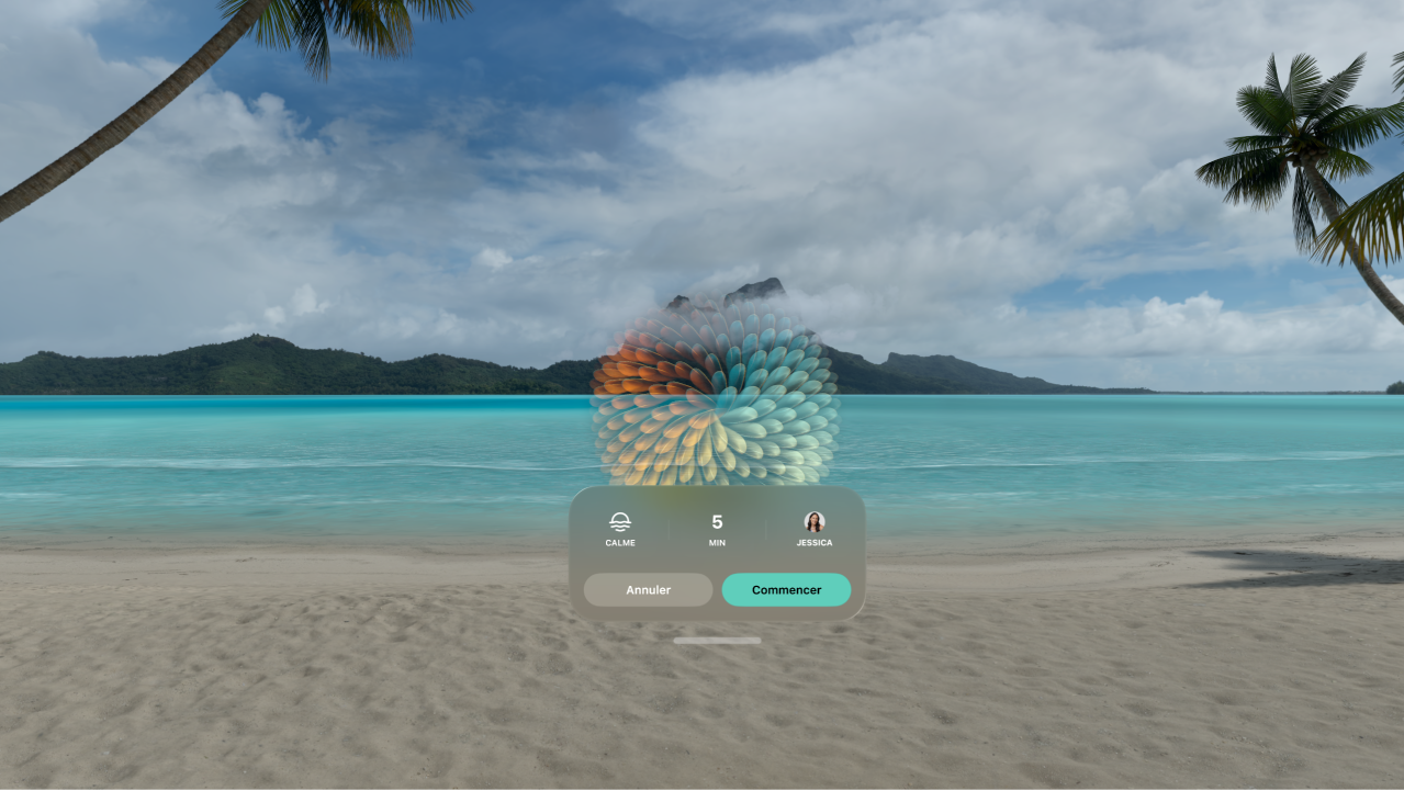 App Pleine conscience sur l’Apple&nbsp;Vision&nbsp;Pro, affichant des options pour démarrer une séance.