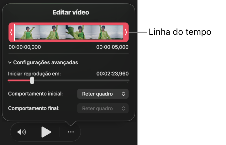 O diálogo Editar vídeo mostrando uma linha do tempo que pode ser recortada e outros controles.