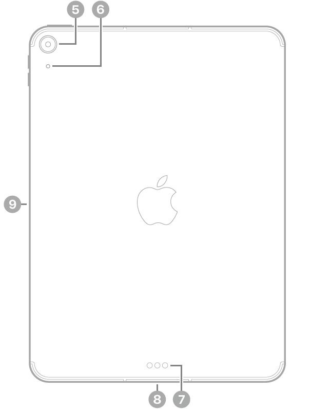 The back view of iPad Air with callouts to the rear camera and microphone at the top left, the Smart Connector and USB-C connector at the bottom center, the SIM tray (Wi-Fi + Cellular) at the bottom left, and the magnetic connector for Apple Pencil on the left.