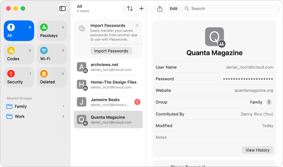 The main screen for the Passwords app, showing the types of passwords in the sidebar on the left (with All selected), a list of all password accounts in the middle (with Etsy selected), and the details of the Etsy account on the right.