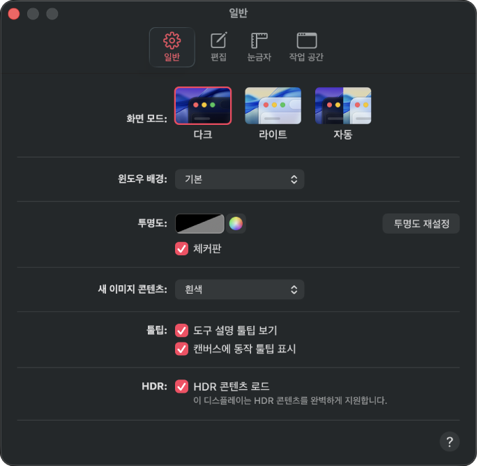 일반 설정 패널.