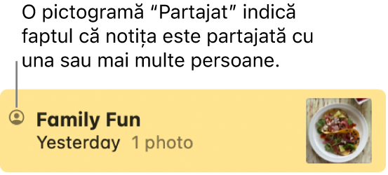 O notiță care a fost partajată cu alte persoane într‑o conversație Mesaje, cu pictograma Partajat în stânga numelui notiței.